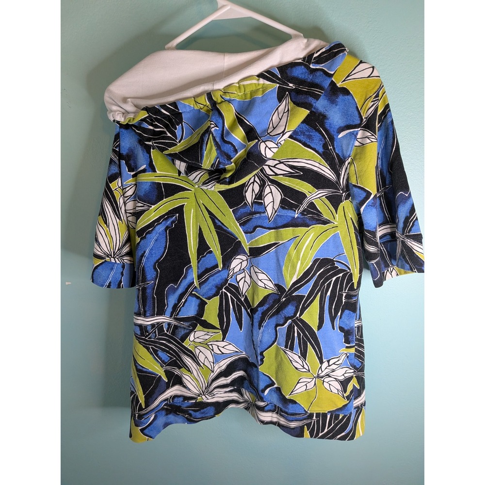 Zenergy by Chico's Women Size 2 Blue Green Tropical Short Sleeve Zip Up Hoodie